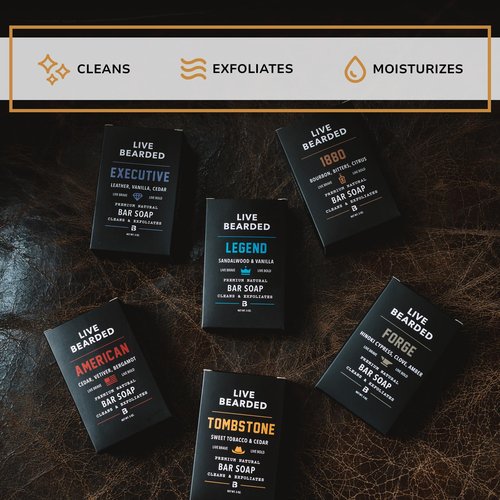 Live Bearded All-Natural Bar Soap for Men, 6-Pack of 5 oz - Made in the USA - Exfoliates and Moisturizes - Charcoal, Pumice, Shea Butter | American Scent - Cedar, Vetiver, Bergamot
