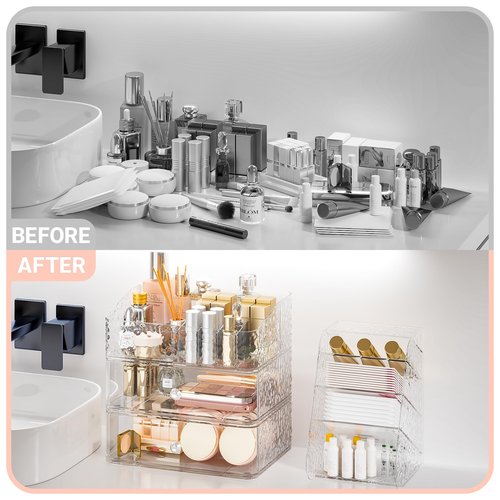 Henyol Makeup Organizer with Brush Holder Plastic Makeup Drawers For Vanity Clear Stackable Storage Case Makeup Organizer For Skincare, Brushes, Lipstick, Nail Polishes, Perfumes, Eyeshadow Palettes