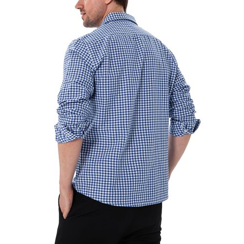 Manwan walk Men's Plaid Button Down Shirts Slim Fit Long Sleeve Casual Business Shirts Dark Blue XL