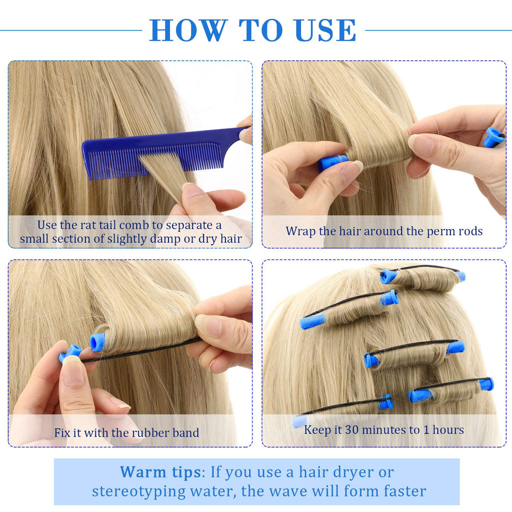 WILLBOND Hair Perm Rods - 96 Pcs Plastic Cold Wave Curlers with 2 Pintail Combs | Heatless Styling Tool (0.35 Inch, Blue)