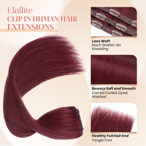 Elailite Short Clip in Hair Extensions Real Human Hair 10 Inch 56g 3PCS Lace Weft Remy Hairpieces for Women Burgundy