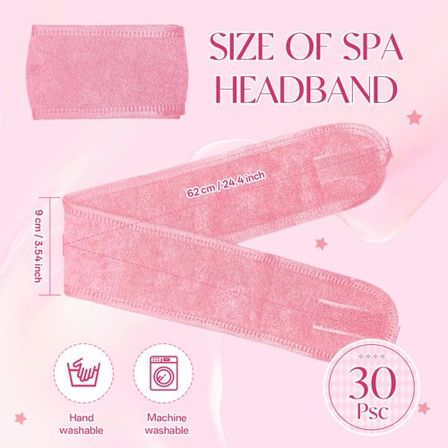 SHENGYIWA 30 Pack Adjustable Spa Headband for Women Non-Slip Facial Hair Wrap for Washing Face, Makeup, Shower, Skincare, and Yoga (Pink, 30)
