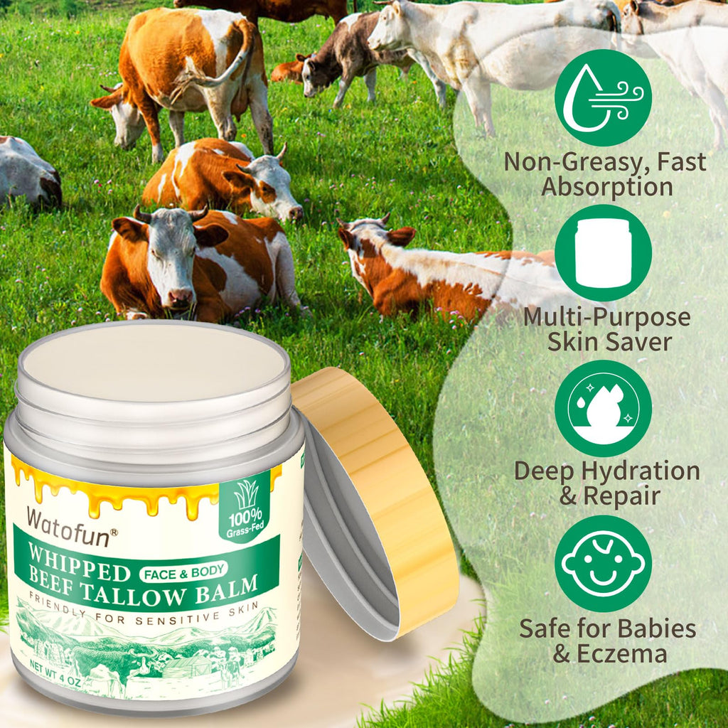 Whipped Beef Tallow Balm for Skin - 100% Organic Grass-Fed Tallow & Honey Body Butter, Infused with Olive Oil to Nourish, Soothe & Repair Dry, Cracked, Sensitive Skin- Natural Deep Moisturizer 4 OZ