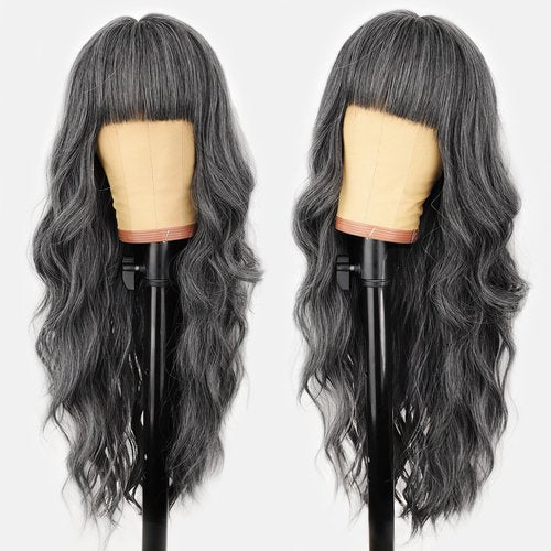 AISI HAIR 【Beginner Friendly Wigs Gray and white Wig with Bangs Long Wavy Synthetic Wig for Women with Daily Party Use