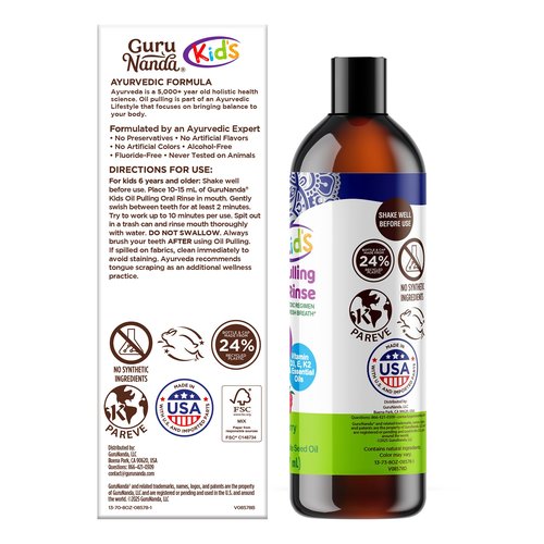 GuruNanda Kids Oil Pulling, Alcohol-Free Mouthwash, Essential Oils & Vitamins for Fresh Breath & Happy Gums for Ages 6 & up, Natural Bubble Berry, 8 Oz