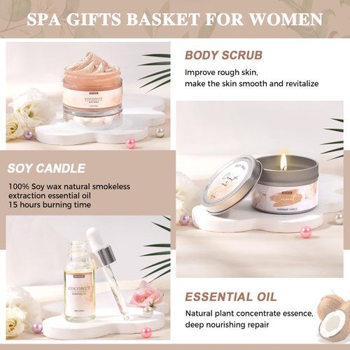Gifts for Women Bath and Body Gift Basket Set for Women, 12 Piece Set of Coconut Home Spa Set for Self Care, Mothers Day Relaxing Bath Sets Birthday Christmas Gifts for Mom Sister Her Wife