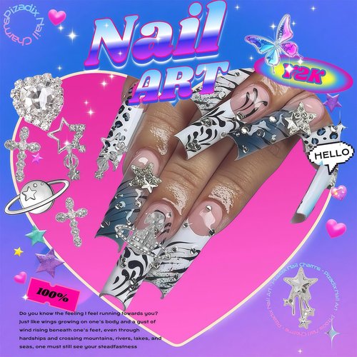 Pizadix 105 Pcs 3D Silver Nail Charms Y2K with Versatile Elements: Dollars, Crosses, Bows, Butterflies,Hearts Rhinestones, 3D Planets and Stars for Nail Art Decoration