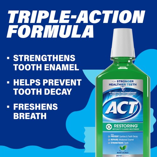 ACT Restoring Anticavity Fluoride Mouthwash with Zero Alcohol, Repairs Enamel & Strengthens Teeth, Mint Burst, 33.8 fl. oz., 2 pk