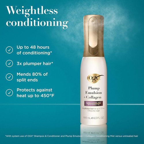 OGX Plump Emulsion Hair Mist | Volumizing Conditioning Spray with Marula Oil, 6.5 fl. oz - 72-Hour Weightless Hold