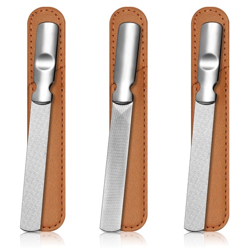 3 Pieces Stainless Steel Nail Files Metal Nail File with Leather Case Heavy Duty Double Sided Metal Manicure Set with Leather Sheath (Brown)