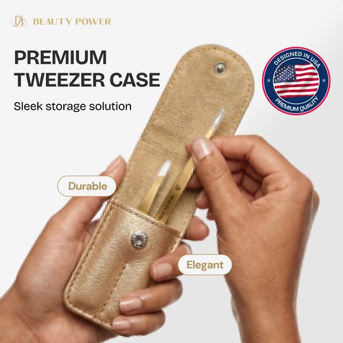 Beauty Power Professional Tweezers Set – Slant & Point, Ultra Precision German Stainless Steel Tweezers for Eyebrows, Chin, Ingrown Hair & Facial Grooming – Lightweight with Case - Gift Idea - Gold