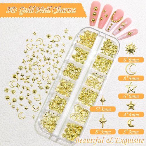BELICEY 3D Nail Charms Mix Gold Star Moon Sun Charms for Nails Gold Flatback Nail Pearls Nail Charms Gems Pearls for Nails Jewelry for DIY Nail Art Supply Accessories Crafts with Tweezer Picker Pen