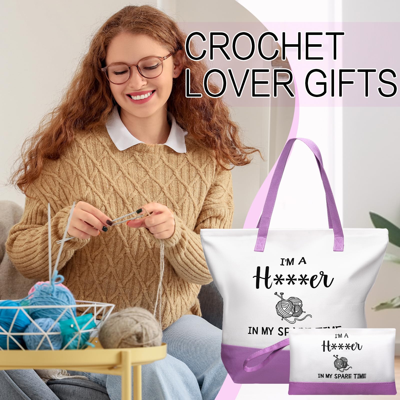 Wesnoy 2 Pcs Crochet Lover Gifts for Women, Funny Purple Canvas Bag with Cosmetic Pouch Tote Bag in My Spare Time Crochet Lovers Friends Crocheters Gifts