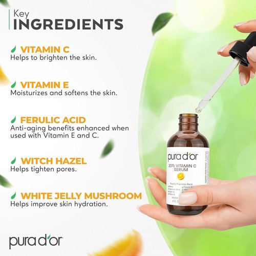 PURA D'OR 20% Vitamin C Facial Serum - Antioxidant Blend with Retinol & Hyaluronic Acid | 4 Oz Hydrating Formula for Daily Use