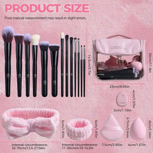 BS-MALL Makeup Brush Set with Waterproof Travel Bag & Makeup sponges -26 Pcs Set Triangle Puff & Face Washing Puffs,Face Wash Headband Wristband for Travel Go Camping Gift & Makeup Beginners (Pink)