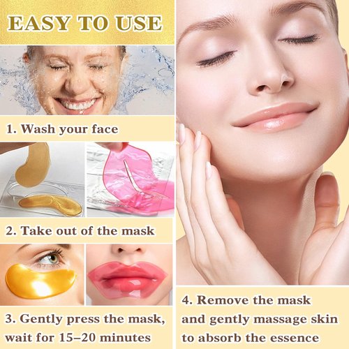 PERVALA 30PCS Lip Mask & Under Eye Mask, 24K Under Eye Patches for Puffy Eyes, Pink Lip Masks Skincare, Effectively Moisturizing the Skin, Reducing Fine Lines & Dark Circle