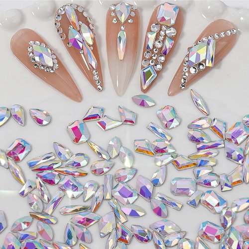 HNUIX Nail Rhinestones - 300pcs Crystals AB, Multiple Shape Gems, Flat Back Rhinestones, for Nail Art