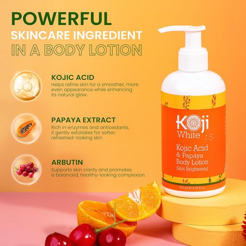 Koji White Kojic Acid & Papaya Body Lotion - Exfoliating Skin Brightening Moisturizer | 8.45 Fl Oz (2 Bottles)