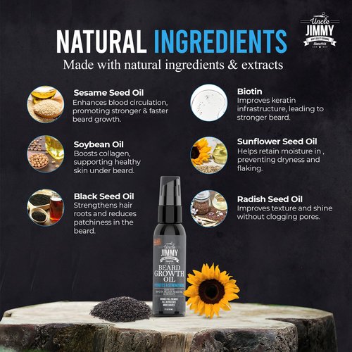 Uncle Jimmy Beard Growth Oil with Biotin | Natural Beard Care for Thicker, Fuller Healthier Beard | Men's Facial Hair Treatment for Grooming | Increases Thickness and Volume 2 Fl Oz