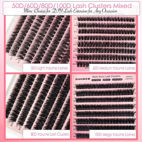 DAODER Thick Short DIY Lash Extension Kit 640pcs 50D 60D 80D 100D Mixed Volume 3D Cluster Eyelash Extensions Fluff D Curl Individual Lashes Clusters with Lash Remover Bond Seal 9-13mm