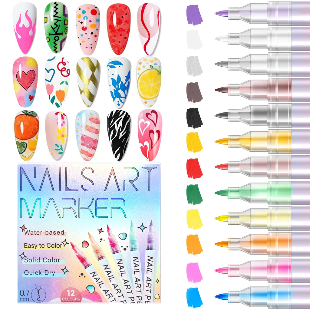 Woobena Nail Art Pens 12 Colors Set, 2026 New 3D Nail Polish Doodle Pens,Quick Dry Women Painting Nail Art Markers for DIY Nail Design, Home & Salon Christmas Gifts