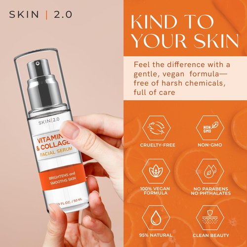 Skin 2.0 Vitamin C Serum - Dermatologist Tested, Anti-Aging & Dark Spot Remover - Brightening, Clean Beauty, Cruelty-Free, Korean Skincare for Glass Skin, All Skin Types - 1.69 Fl. oz