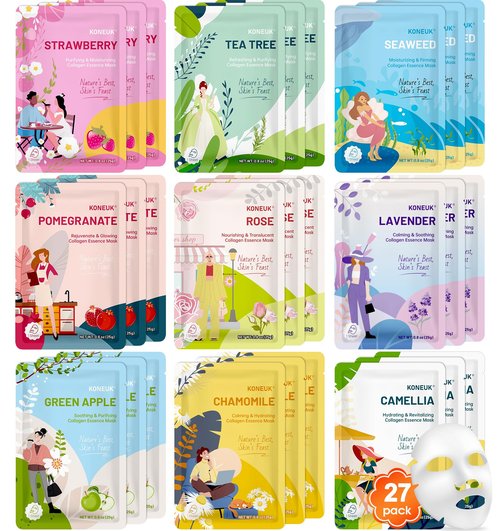 27 Pack Collagen Sheet Face Masks Skincare for Women, Bulk Hydrating Face Mask Set for Dry Skin, Moisturizing Facial Masks for Skin Care, Valentines Day Gifts for Her, Mothers Day Gifts, Teacher Gifts