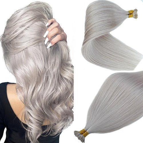 Silver I Tip Hair Extensions - Human Hair Pre-Bonded Cold Fusion Stick Tip Real Remy Hair Piece for Women - Invisible Keratin Microlink Extensions 16 Inch 100 Strands 50G