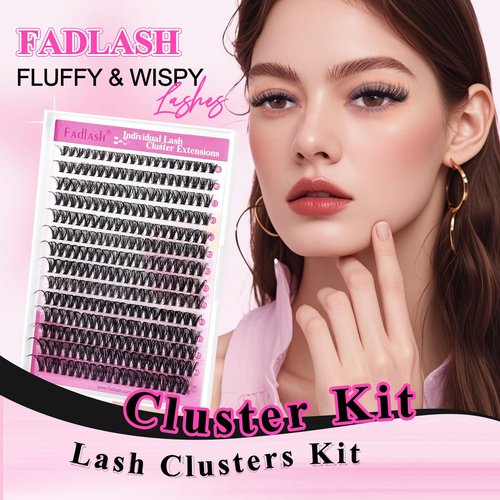 FADLASH Lash Clusters Kit 280PCS Individual Eyelash Clusters D Curl 8-16mm Eyelash Extension Kit with Lash Bond and Seal Lash Tweezer for Beginners (40D-0.07D-8-16mm KIT)