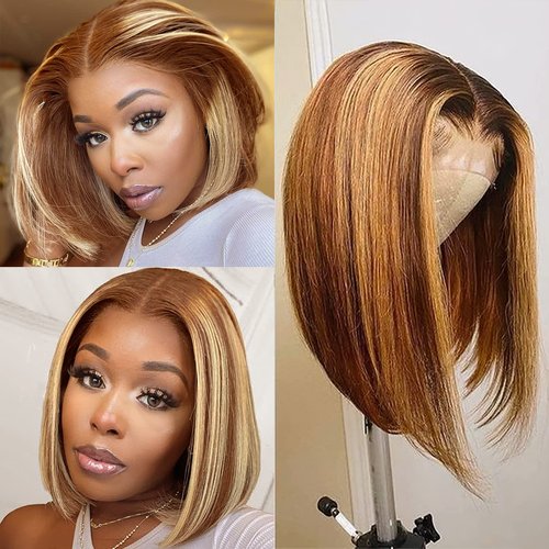 CLong Highlight Ombre Lace Front Wig Human Hair, 10 inch 13x4 Lace Wig Transparent 4/27 Short Bob Wigs For Black Women Human Hair 150% Density (4/27 Bob Wig,10inch)