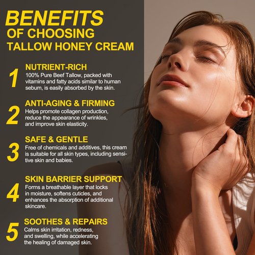 Tallow and Honey Balm for Face - Beef Tallow for Skin - 100% Organic Grass-Fed Beef Tallow & Raw Wild Honey -Moisturizing Cream for Soft, Smooth Skin- Light Scent, Moisturizing Natural Formula, 4.0 Oz