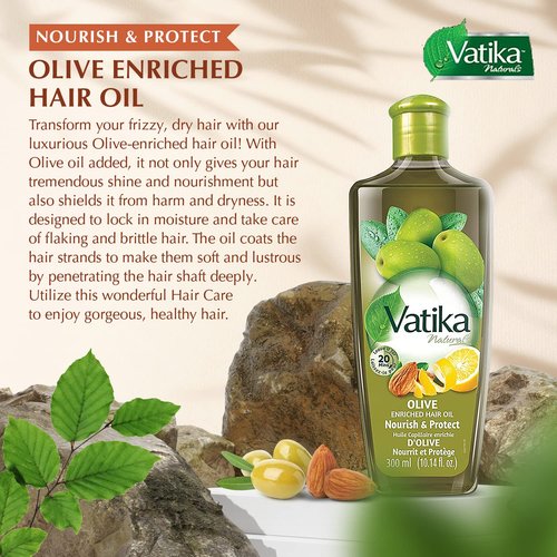 Vatika Naturals Olive Enriched Hair Oil - Nourish & Protect - Strong, Healthy Hair - Lightweight, Non-Greasy - Infused with Natural Olive Extracts - Moisturizing & Strengthening - Pack of 3 (300ml)