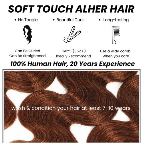 ALHER 33 Reddish Brown Body Wave 4x4 Lace Closure, 12A Copper Brown Colored 4X4 HD Lace Closure Free Part Pre Plucked with Baby Hair, 100% Virgin Remy Human Hair for Black Women 150% Density 10 Inch