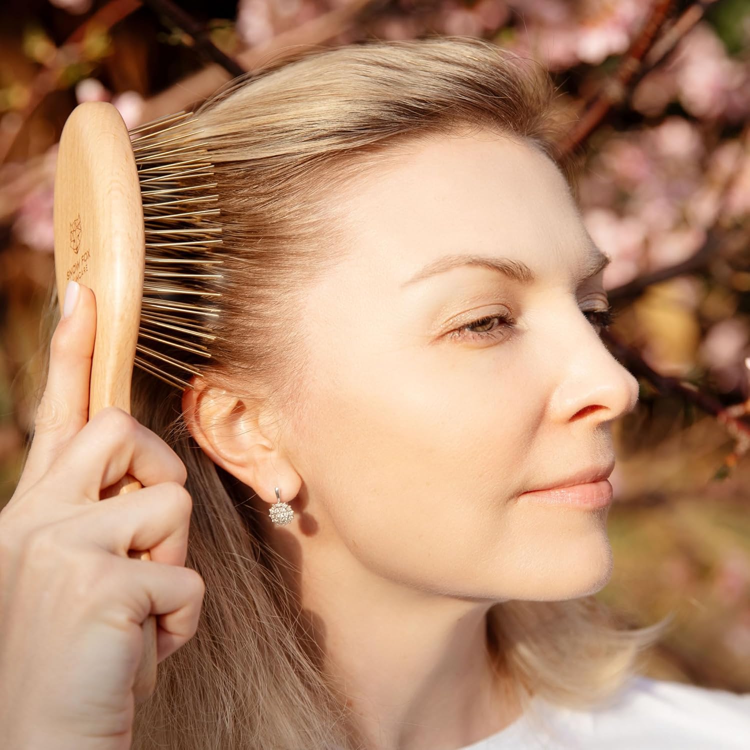 Snow Fox Skincare Gua Sha Hair Brush - Wooden Edition | Scalp Massage Comb with Gold-Plated Bristles for Healthy Follicles