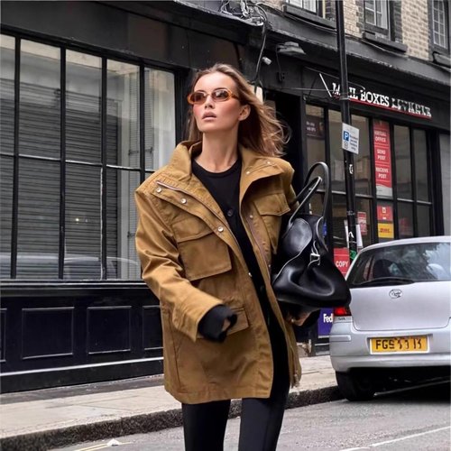 FindThy Women's Utility Jacket - Casual Stand Collar with Drawstring Waist & Multi Pockets | Versatile Outerwear