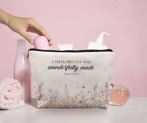 uinwk Inspirational Christian Makeup Cosmetic Bag - Christian Gifts for Women Faith, Fearfully and Wonderfully Made Bible Scripture Gifts Cosmetic Bag for Women, Floral Small Makeup Bag for Purse