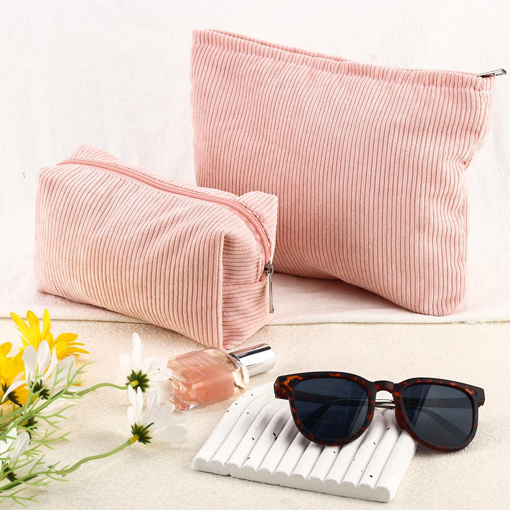 ZLFSRQ 2Pcs Corduroy Makeup Bag Cute Travel Cosmetic Bag Set for Women Large Small Corduroy Zipper Makeup Pouch for Purse Cosmetic Pouch Aesthetic Portable Skincare Toiletry Bags Organizer (Pale Pink)