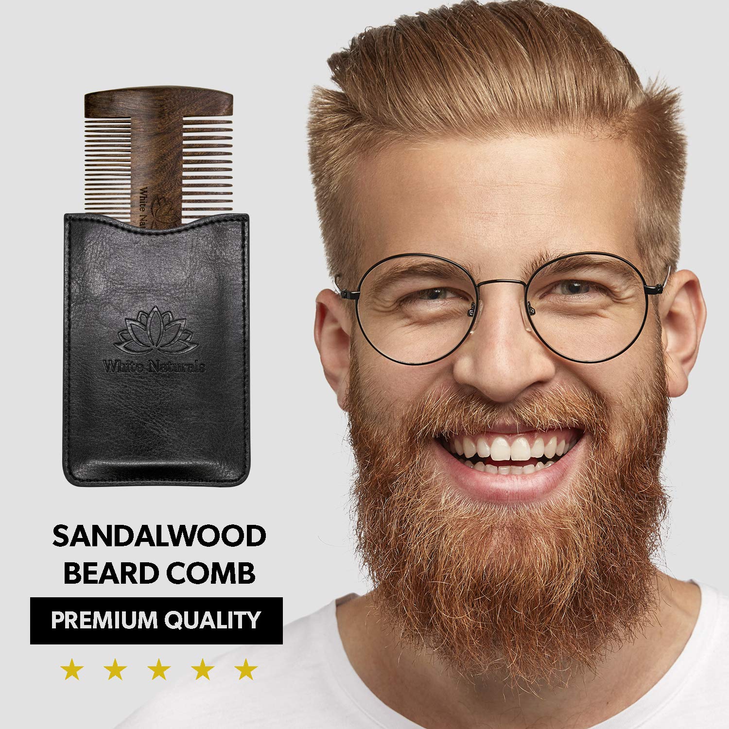 White Naturals Beard Comb for Men, Wooden Natural Sandalwood, Fine Dual Action Teeth, Handmade Premium Sandal Wood, Perfect for Balms and Oils, Includes PU Leather Case, Pocket Size