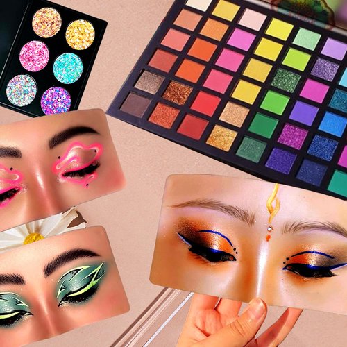 Penugo Silicone Mannequin Face for Makeup Practice Board with Makeup Brushes, Rhinestones Sticker (Wheat Colored)