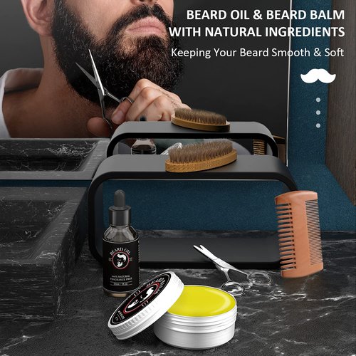 Valentines Gifts for Him, Beard Kit for Men, Beard Growth and Grooming Kit w/Beard Oil Beard Balm Beard Brush Beard Comb Beard Scissors, Christmas Birthday Gifts for Men Husband Grandpa Boyfriend Son