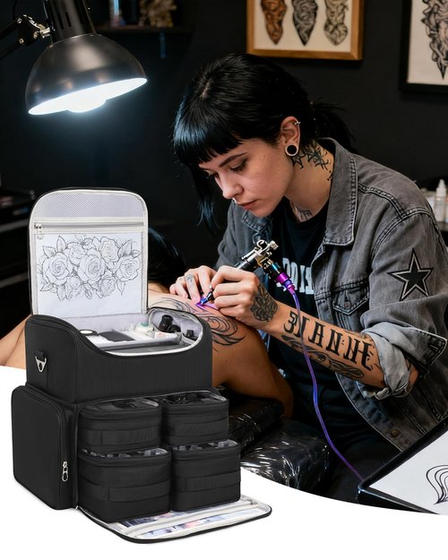 Relavel Tattoo Backpack with 4 Removable Pouches, Tattoo Travel Case with 3 Detachable Dividers, Waterproof Tattoo Carrying Case for Stencil Printer, Equipment and Supplies - Black