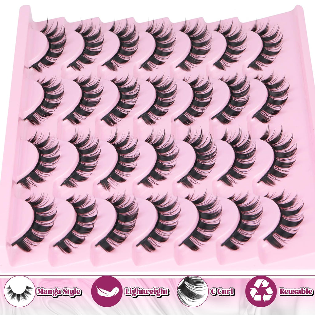 Yawamica Wispy Manga Lashes 8D Thick & Spiky False Eyelashes 15mm Doll Lashes Anime Eyelashes Style Natural Look 14 Pairs Pack Strip Lashes Look like Eyelash Extension