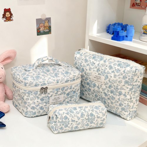 PGAXM 3PCS Makeup Bag,Quilted Cosmetic Bag,Large Floral Makeup Bag for Women,Cute Cotton Cosmetic Bag Set,Travel Toiletry Bag For Women(White blue)