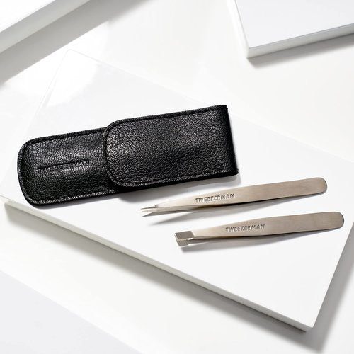 Tweezerman Petite Tweeze Set with Travel Case - Point and Slant Tweezers, Tweezers for Travel (Black Case), (Pack of 2)