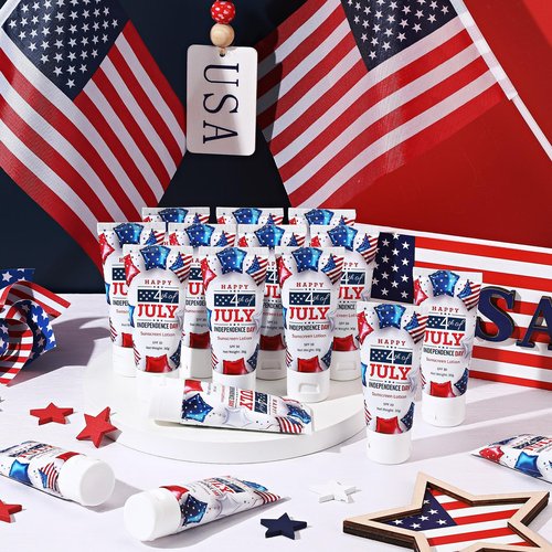 Dansib 24 Pcs Mini Sunscreen Bulk for Summer Wedding Party Spf 30 Water Resistant Sunscreen Lotion Bulk 1oz Travel Size for Thank You Gifts Wedding Party Supplies(White Cream,Independence Day)
