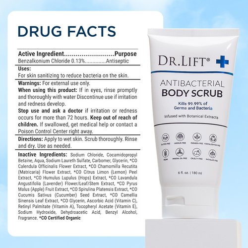 Dr. Lift Antibacterial Body Scrub, Botanical Exfoliating Formula With Vitamin E, Vitamin A, Lavender, and Salt Granules to Exfoliate and Nourish Skin, Body Care for Oily and Combination Skin, 6 Fl Oz