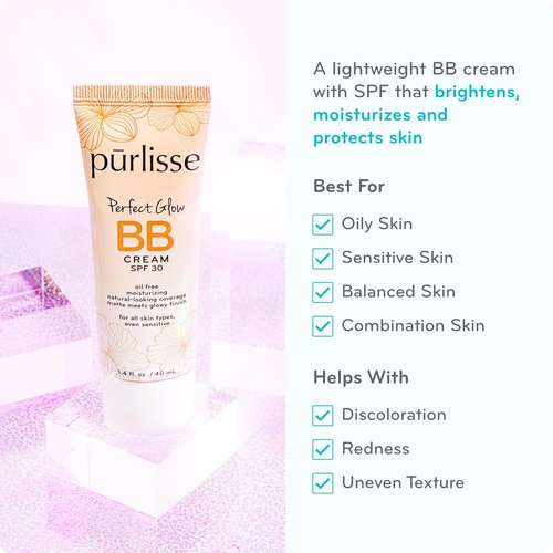 Pūrlisse Perfect Glow BB Cream with SPF 30 - Matte & Dewy Finish - Goji & Hawthorn Berry Infused - Fair (1.4 oz)