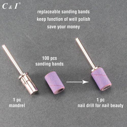 C & I Nail Sanding Bands 100 PCS Plus Upgrade Mandrel 1 PC, Nail Drill Bits for Acrylic Gel Nails Remove, Natural Nails Buffer for Nail Prep and Nail Shiner (Brown, #400 Triple Fine)