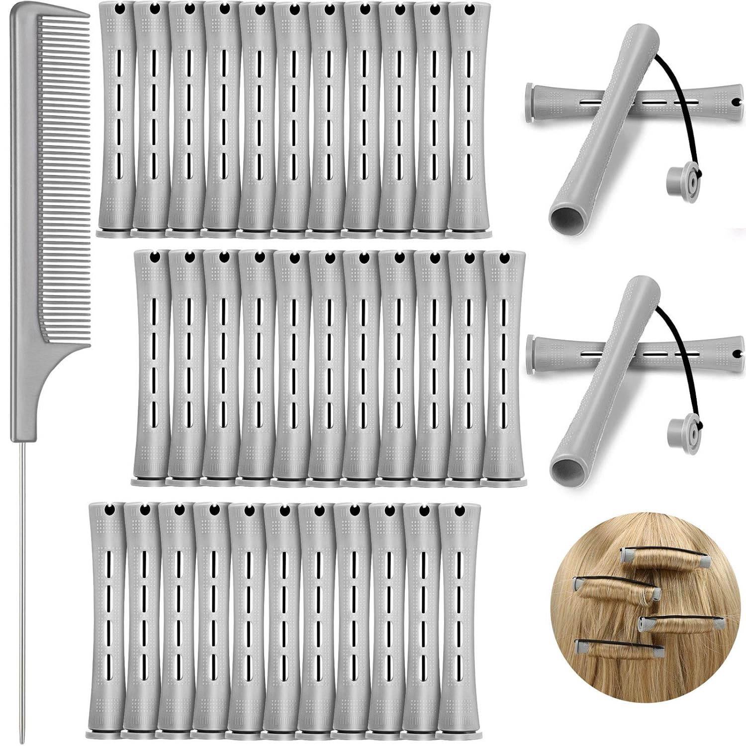 WILLBOND Cold Wave Rods - 36-Piece Hair Perm Rod Set with Steel Rat Tail Comb for Styling