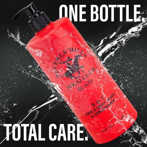 Beverly Hills Polo Club Men's 3-in-1 Shampoo, Conditioner & Body Wash - Blaze Scent | 33.8 fl oz Premium Freshness